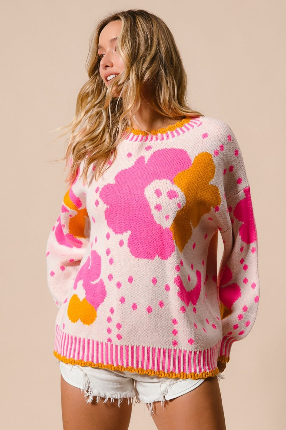 BiBi Flower Pattern Contrast Sweater In Pink