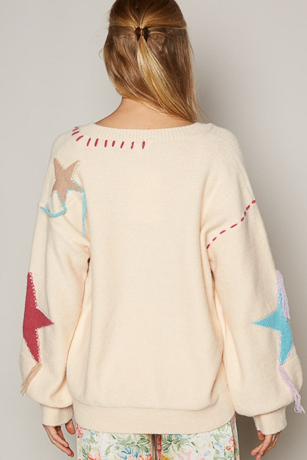 POL V-Neck Long Sleeve Star Fringe Sweater In Pale Beige