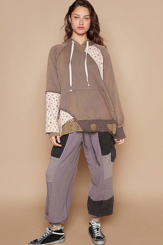 POL Floral Patchwork Distressed Hoodie In Mocha