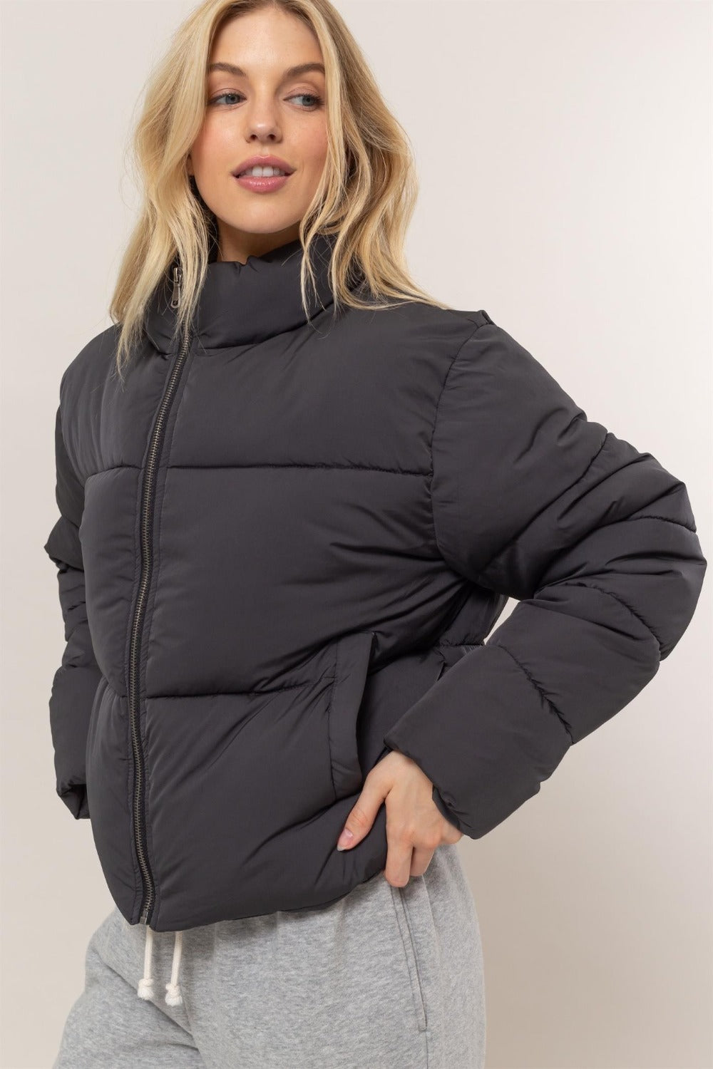 HYFVE Quilted Back Drawstring Puffer Jacket In Black