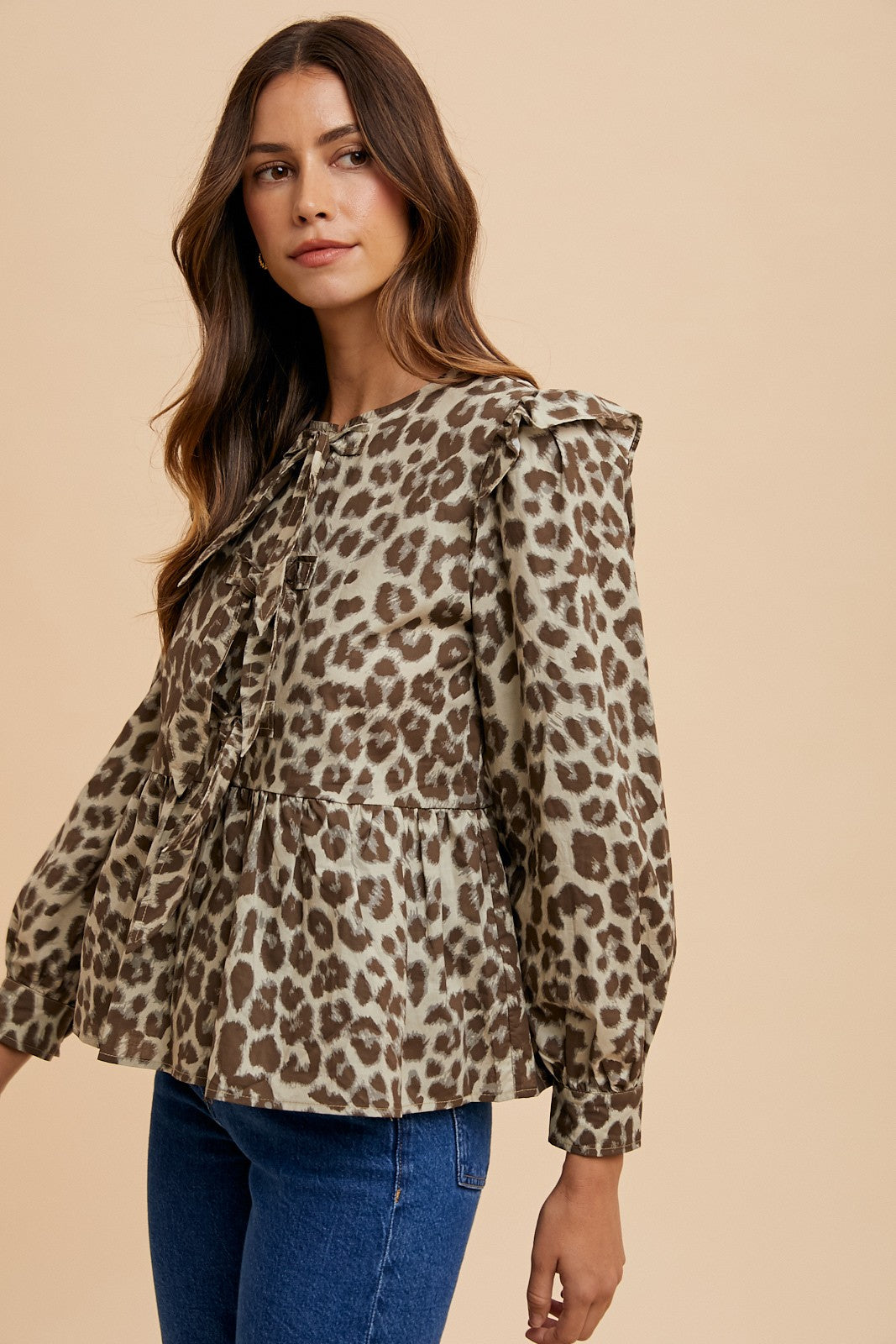 Annie Wear Tied Leopard Peplum Blouse In Mocha