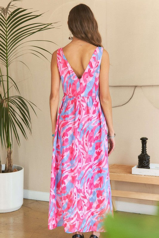 ADORA Abstract Floral V-Neck Maxi Dress In Pink Blush