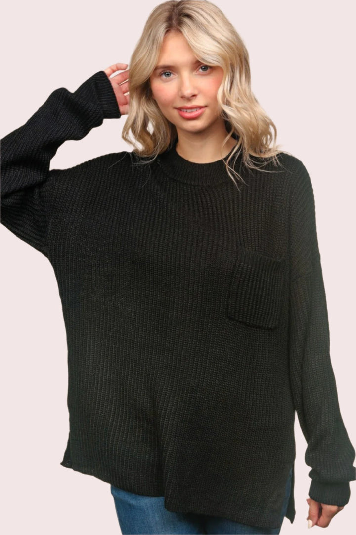 Haptics Mock Neck Side Slit Knit Top In Black