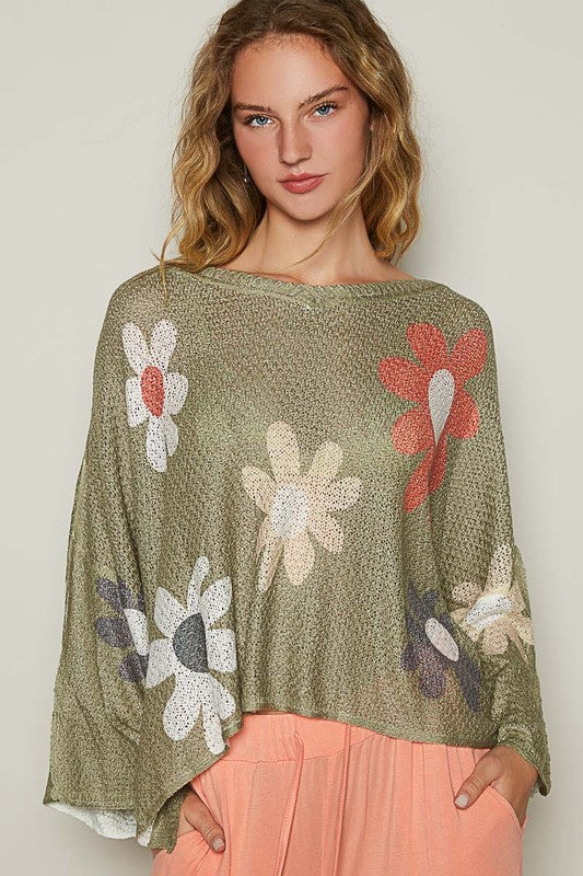 POL Flower Dropped Shoulder Knit Top In Olive