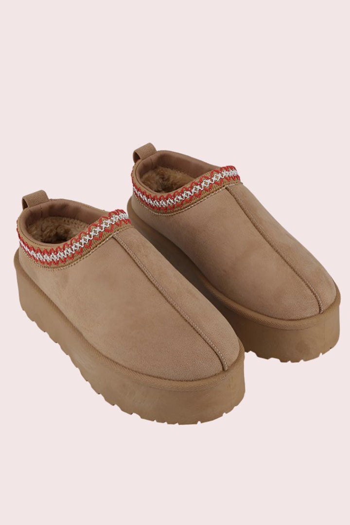 Platform Embroidered Trim Slip-On Boots In Tan