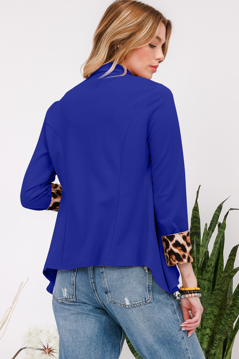 Leopard Cuff Open Front Blazer In Blue