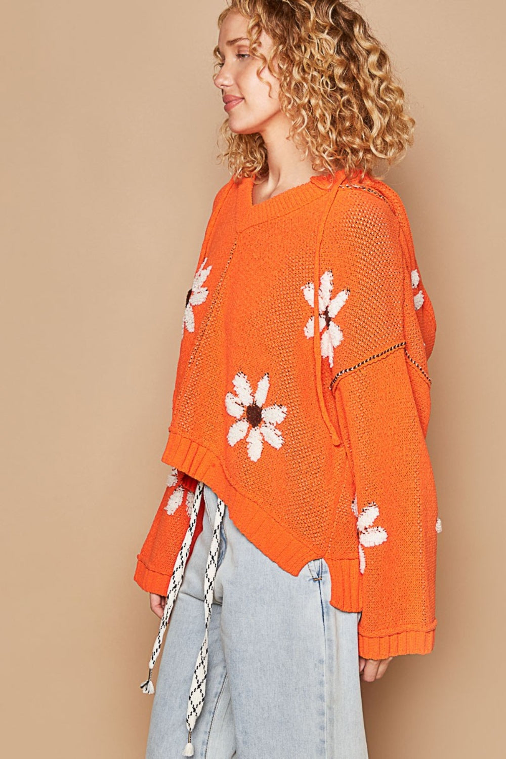 POL Floral Pattern Hooded High-Low Sweater In Orange