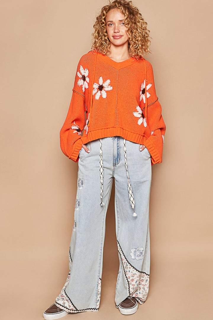 POL Floral Pattern Hooded High-Low Sweater In Orange