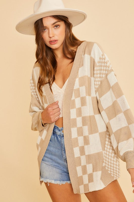 Annie Wear Checkered Cardigan In Tan