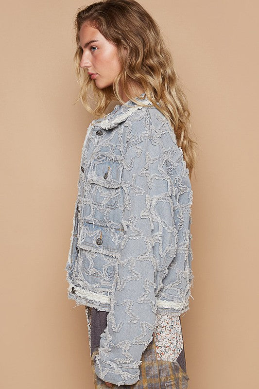 POL Star Textured Raw Hem Denim Jacket In Light