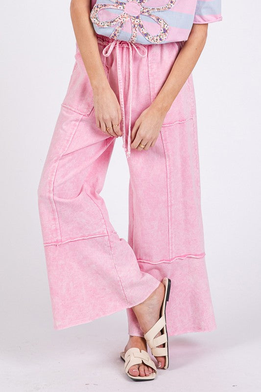 SAGE + FIG Mineral Washed Terry Wide Leg Pants In Pink