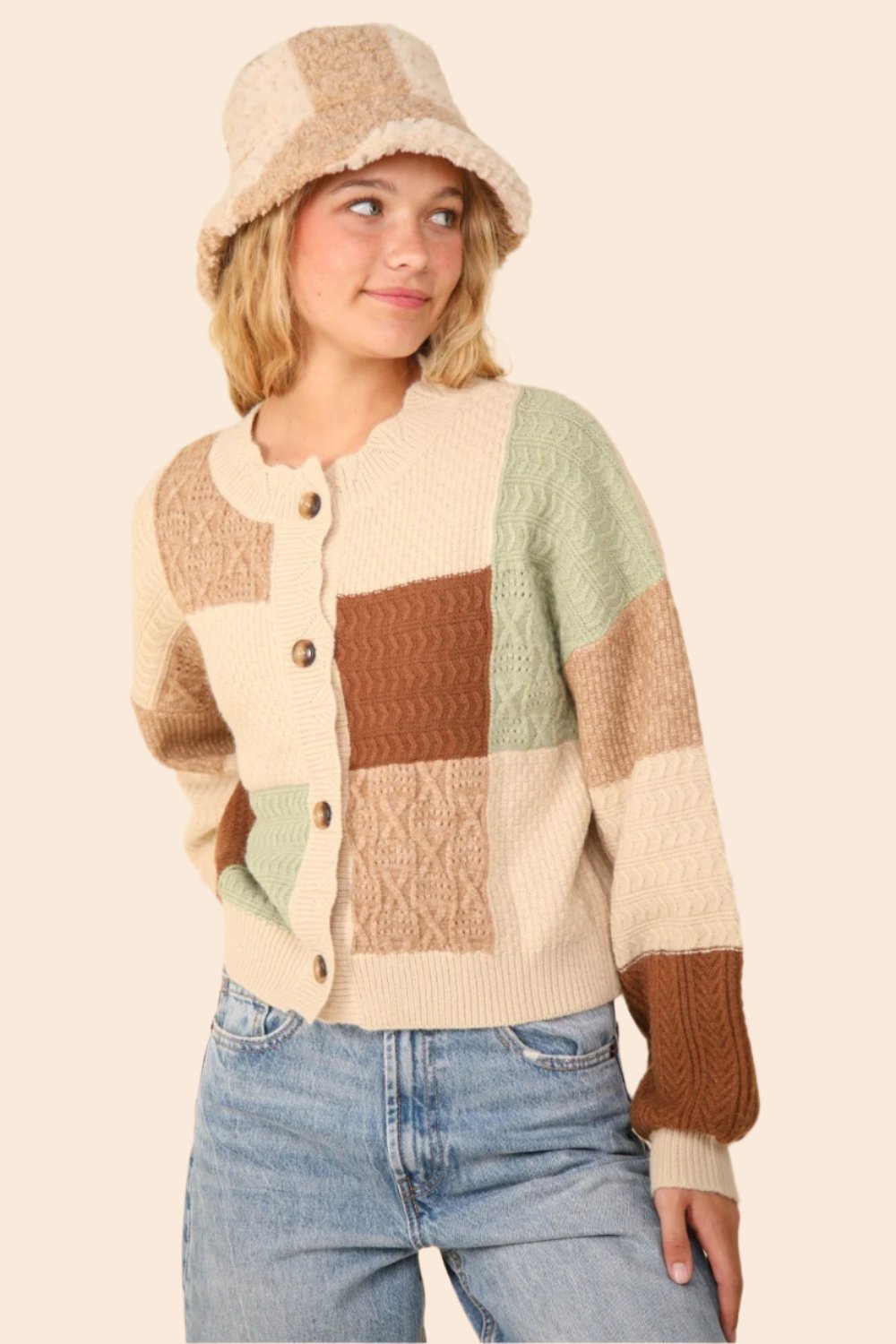 VERY J Color Block Button Down Textured Sweater Cardigan In Oatmeal