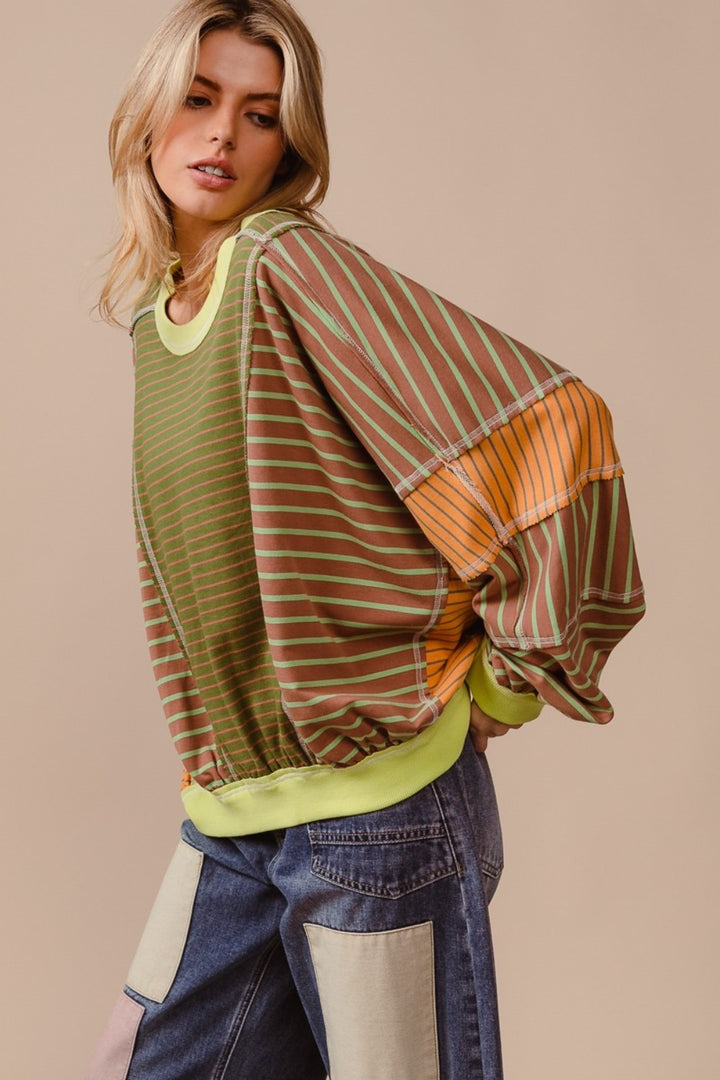 BiBi Color Block Striped Round Neck Sweatshirt In Olive