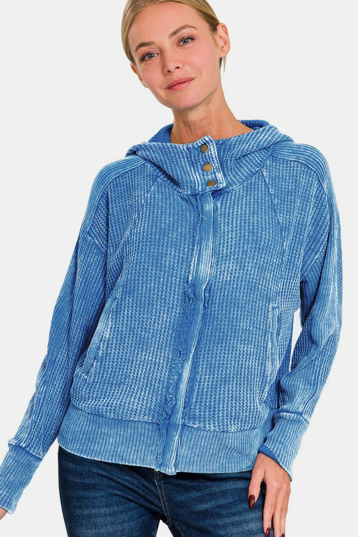 Zenana Washed Zip Up Hooded Jacket In Ocean Blue