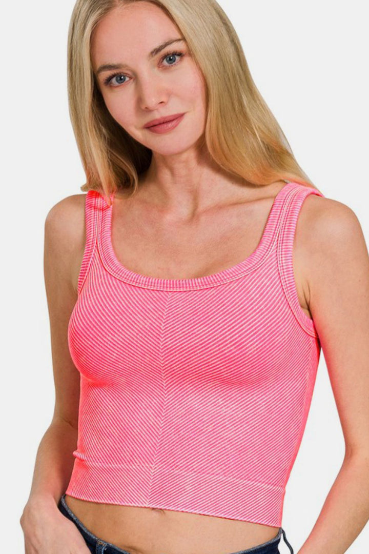 Zenana Washed Ribbed Scoop Neck Wide Strap Tank In In N Coral