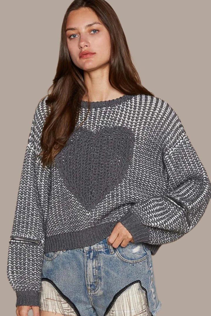 POL Round Neck Heart Patch Zipper Point Sleeve Sweater In Charcoal