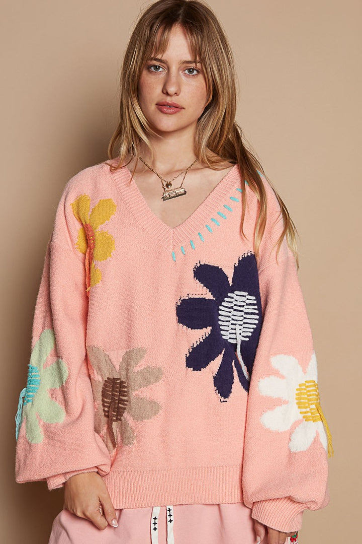 POL Flower Fringe Sweater In Pink