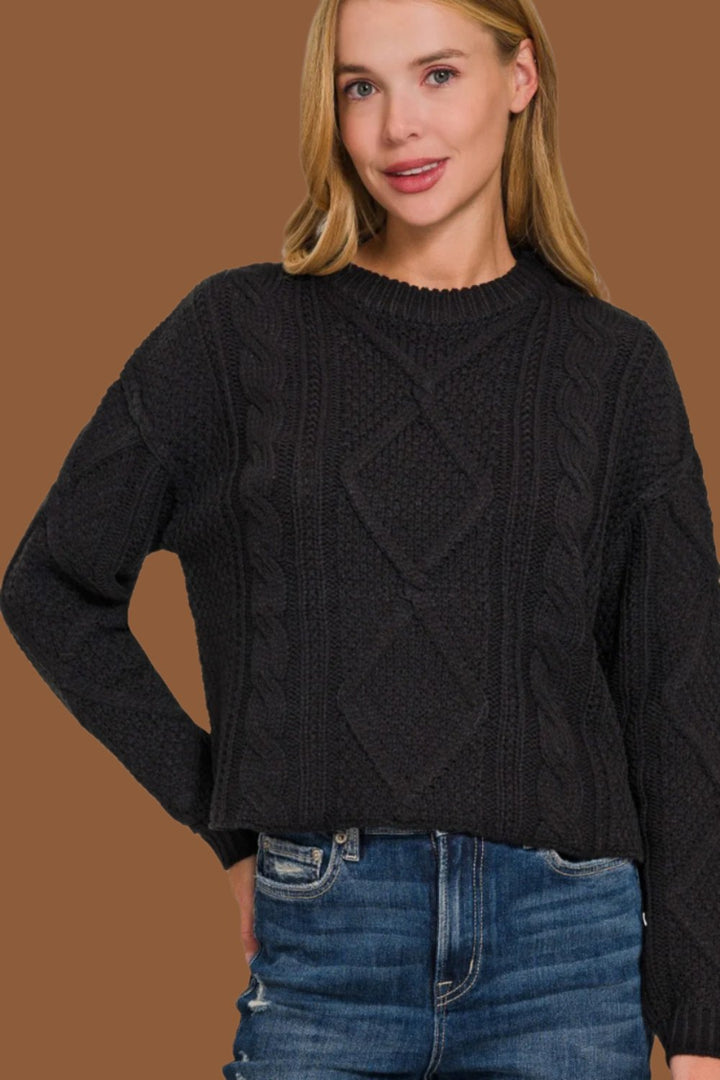 Zenana Cropped High Low Cable Sweater with Side Slits In Black