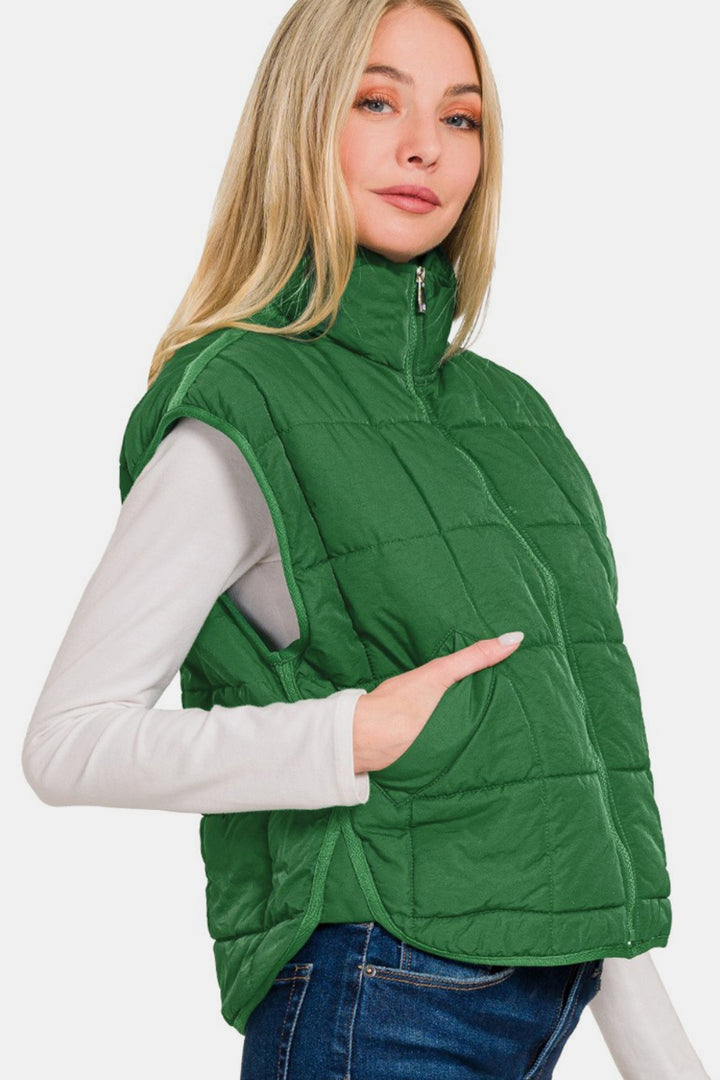 Zenana Zip Up Cropped Puffer Vest with Pockets In Green