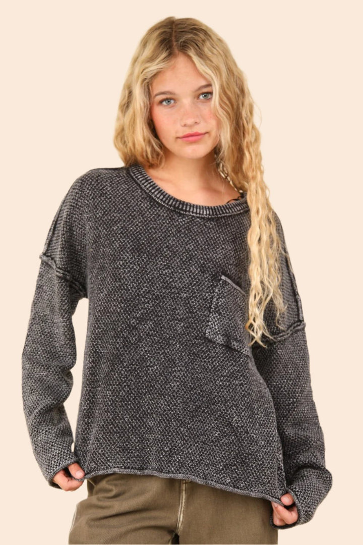 VERY J Mineral Washed Exposed Seam Sweater In Black