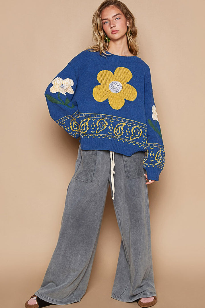 POL Flower Lace Patch Long Sleeve Sweater In Blue