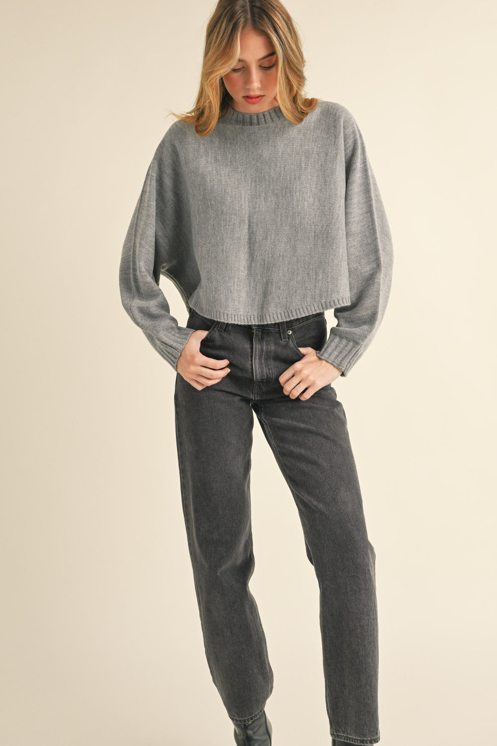 Mable Round Neck Dolman Sleeve Cropped Sweater In H Grey