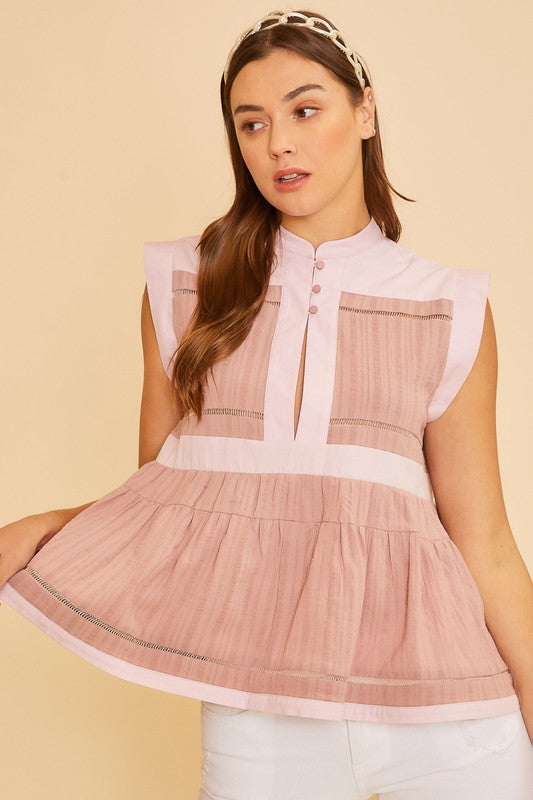 Annie Wear Contrast Trim Peplum Blouse In Dusty Pink