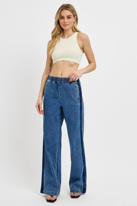 RISEN Elastic Waist Wide Leg Jeans In Medium Wash