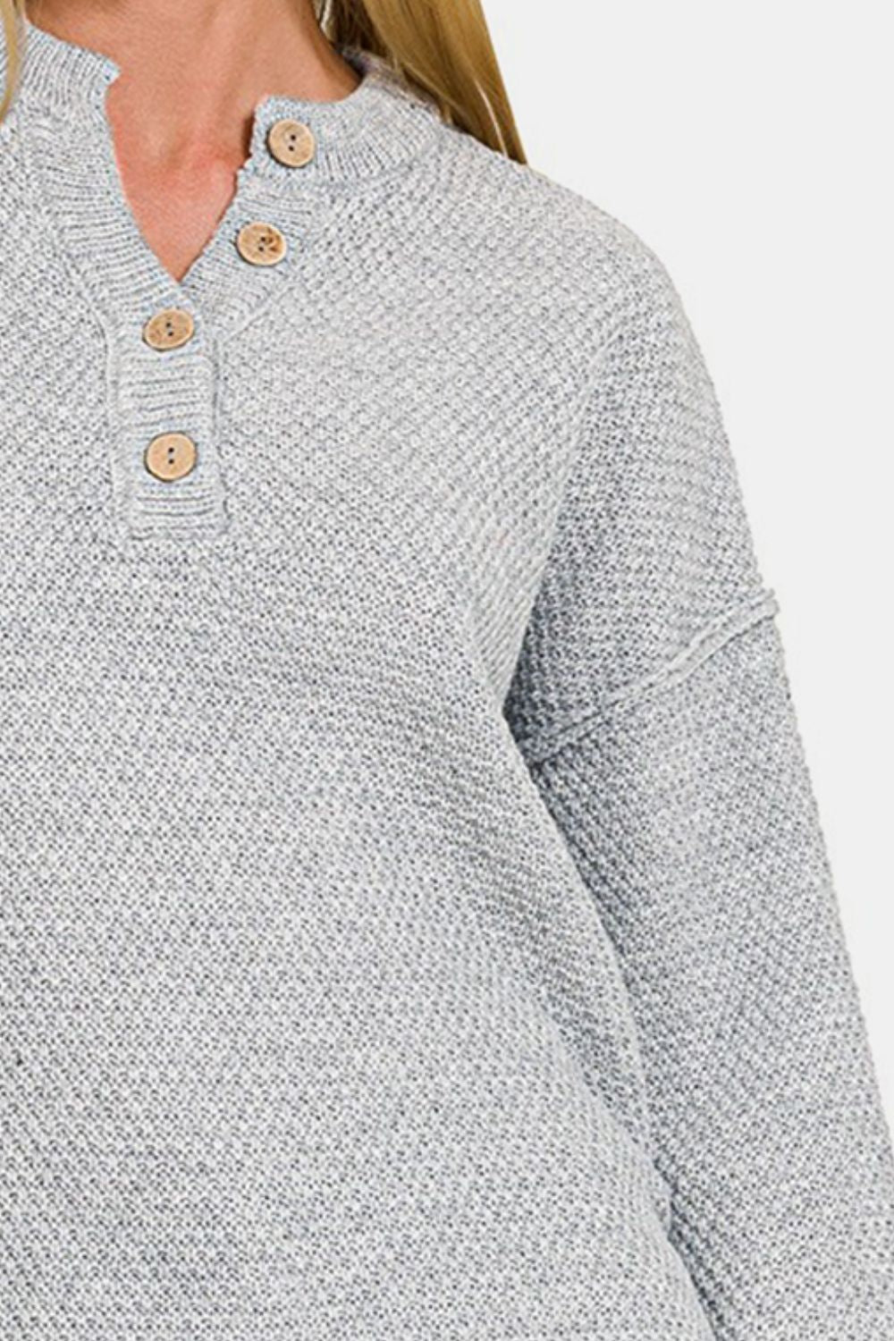 Zenana Button Closure Sweater In Grey