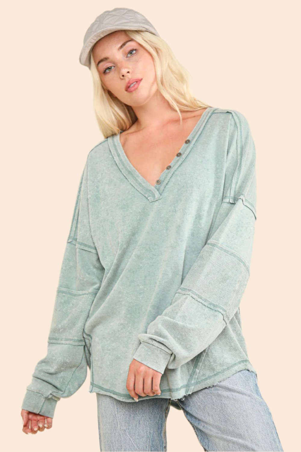 VERY J Washed V-Neck Exposed Seam Knit Top In Sage