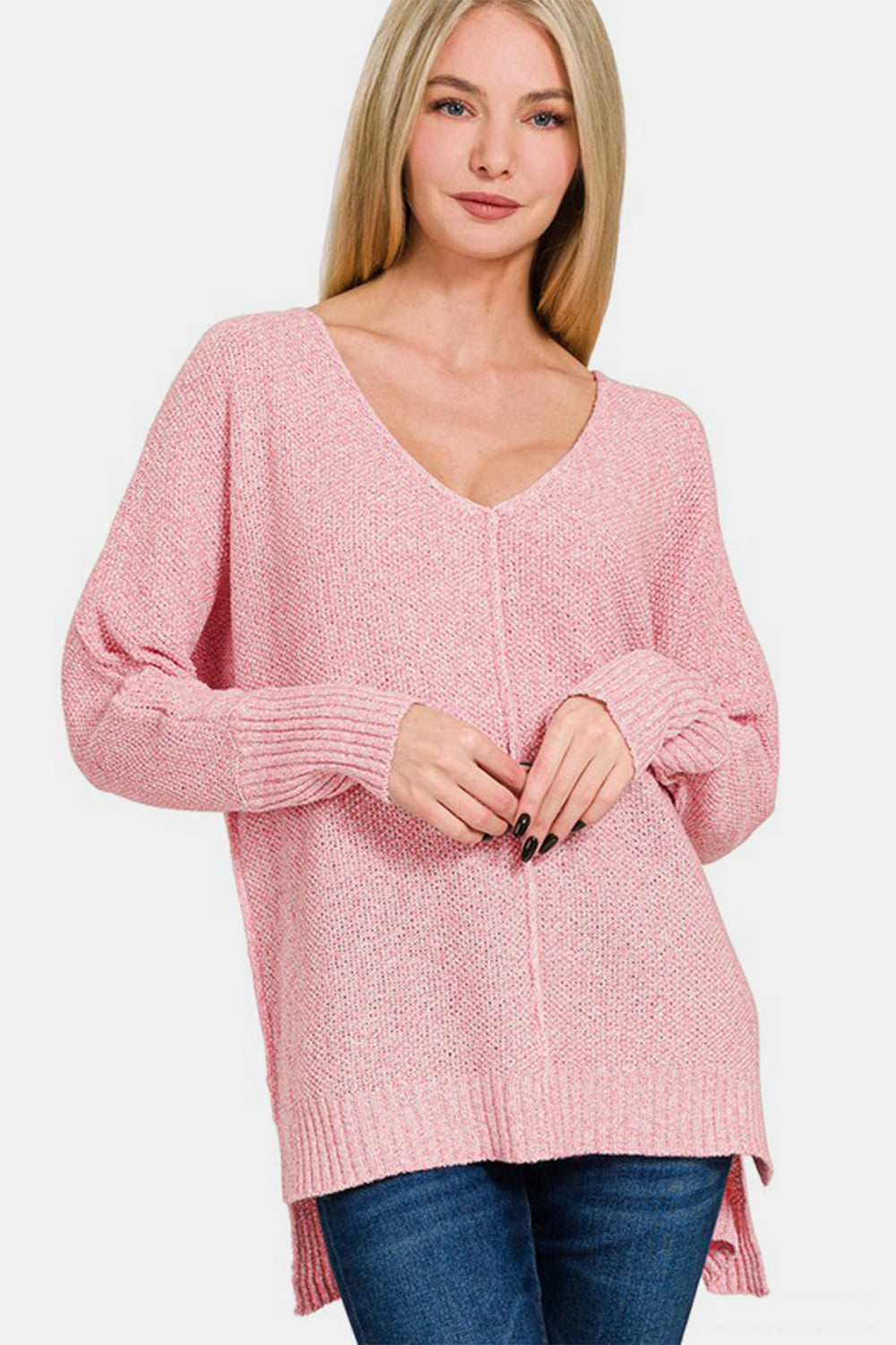 Zenana High-Low V-Neck Sweater In Dusty Pink