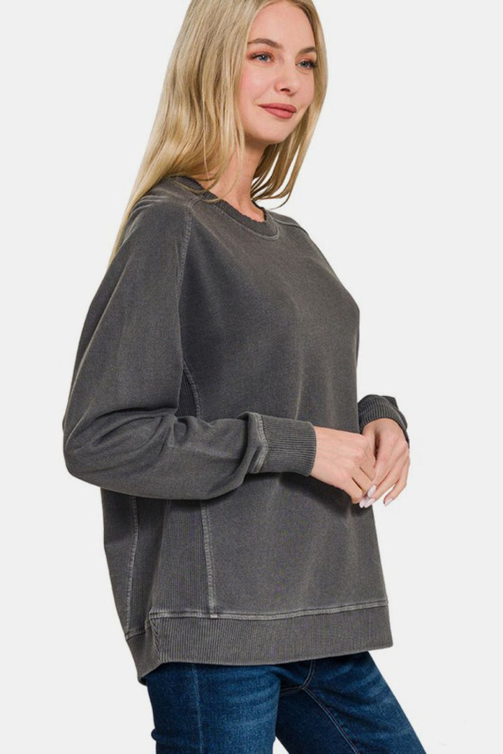 Zenana Pigment Dyed French Terry Sweatshirt In Black