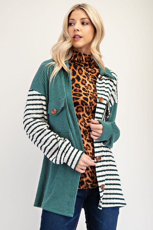 Celeste Leopard Contrast Button Up Shacket In Turquoise