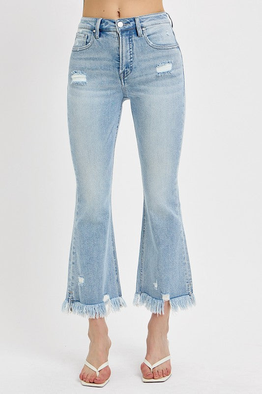 RISEN Raw Hem Distressed Cropped Flare Jeans In Light Wash