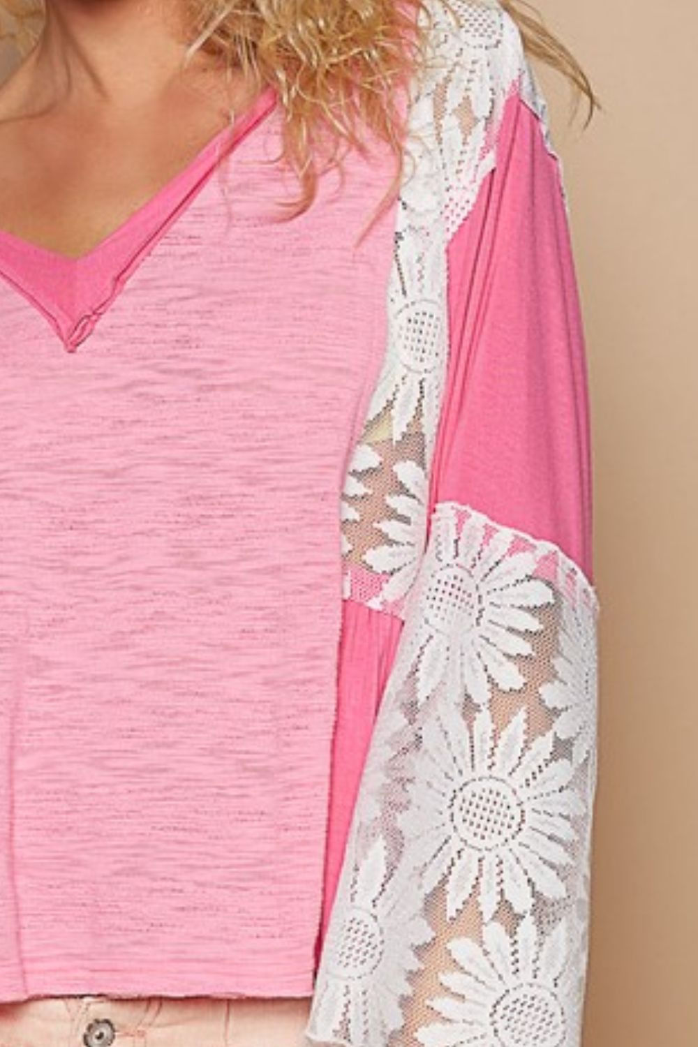 POL Lace Detail Flare Sleeve Blouse In pink