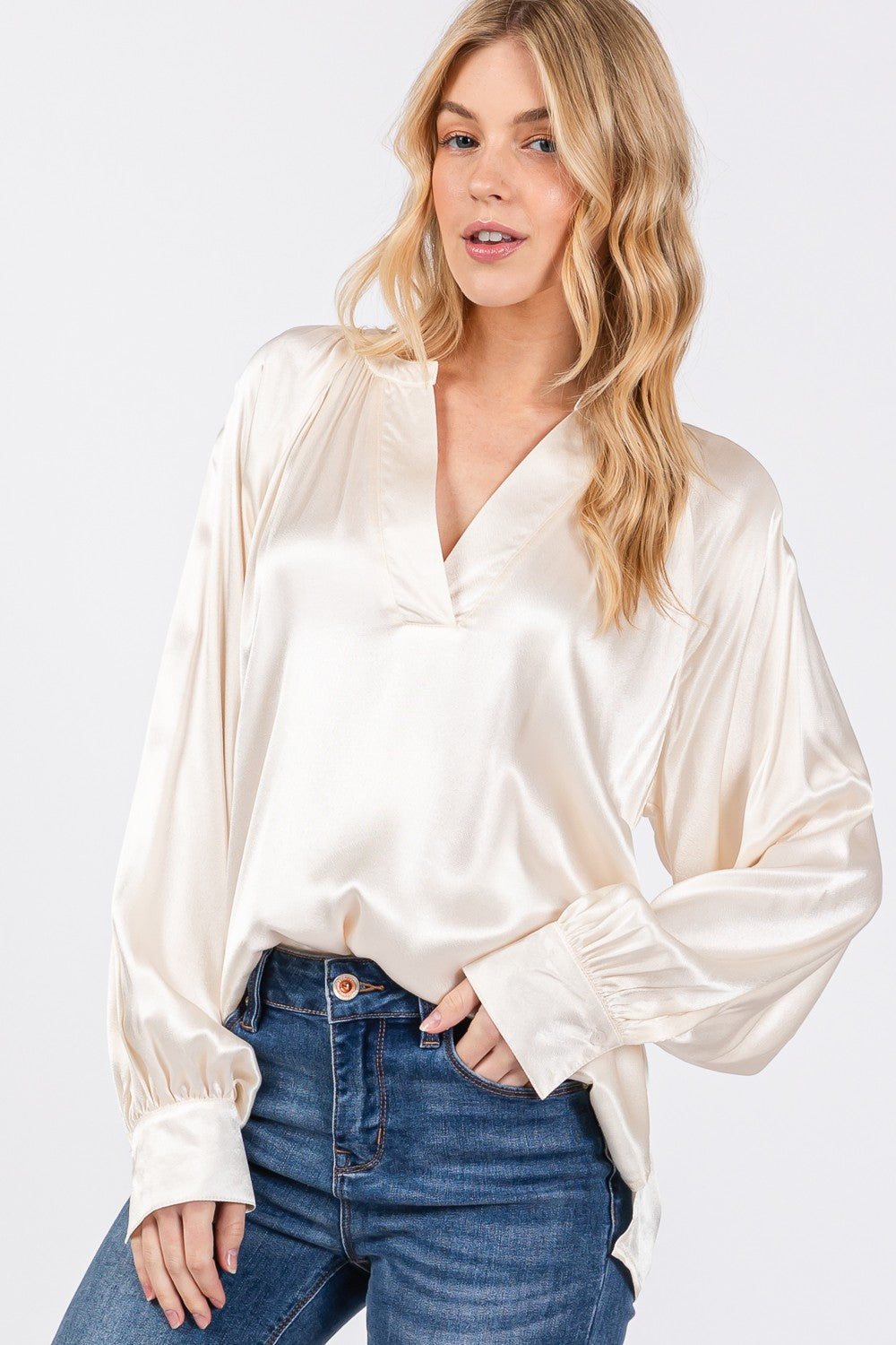 SAGE + FIG Notched Long Sleeve Top In Ivory