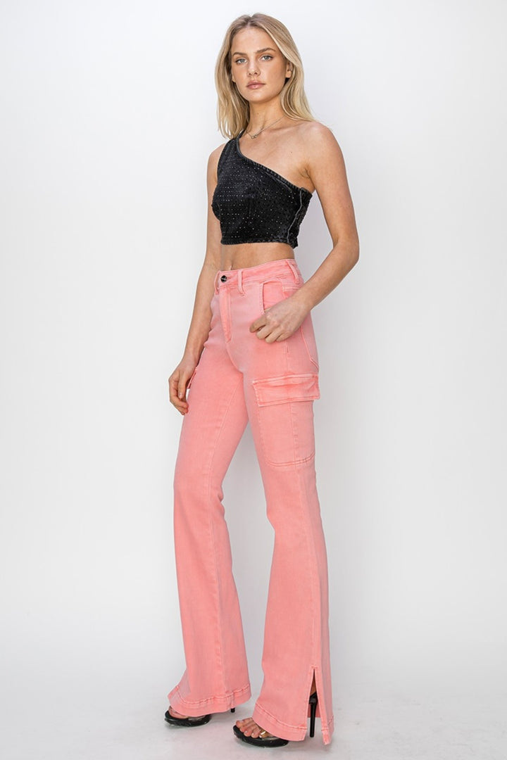 RISEN Pink Out High Rise Side Slit Cargo Bootcut Jeans