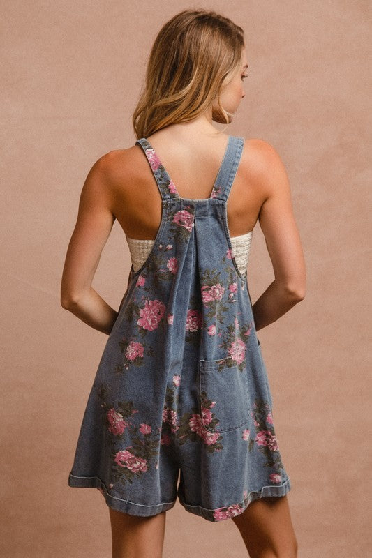 BiBi Flower Printed Wide Strap Denim Overalls In Dark Wash