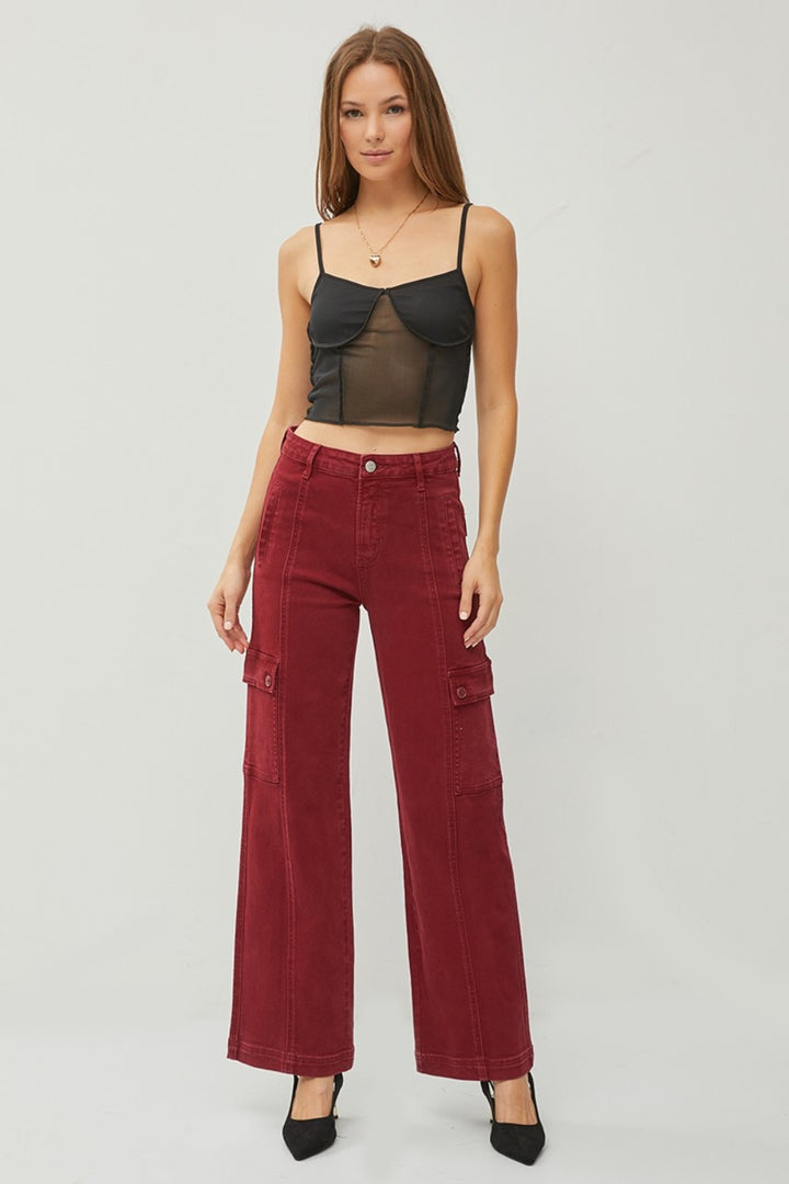 RISEN High Rise Wide Leg Cargo Jeans In Wine