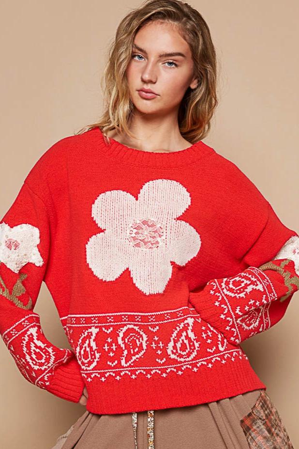 POL Flower Lace Patch Long Sleeve Sweater In Red