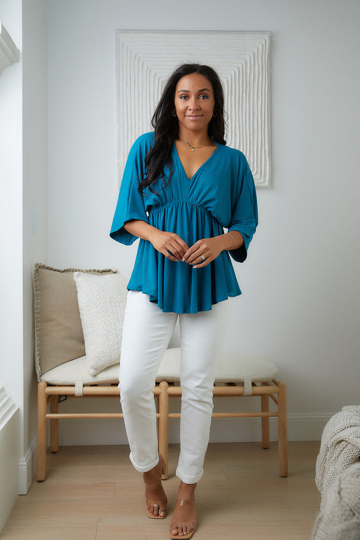 Storied Moments Draped Peplum Top in Teal