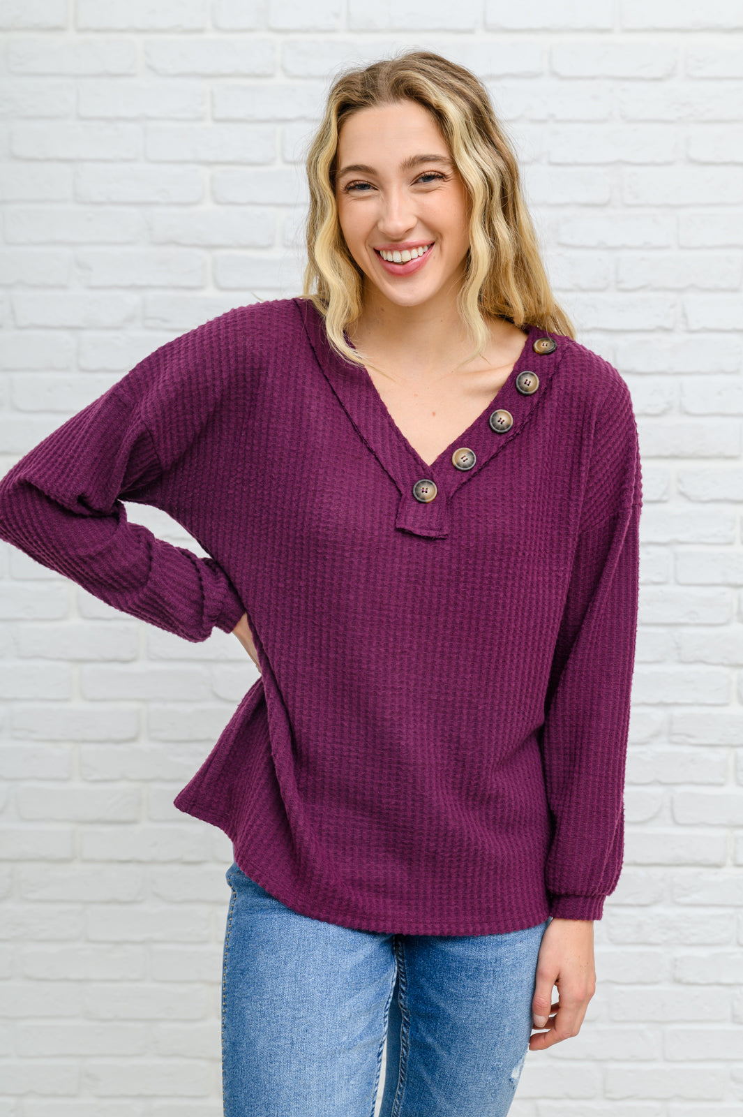 Long Sleeve Waffle Knit Top In Eggplant