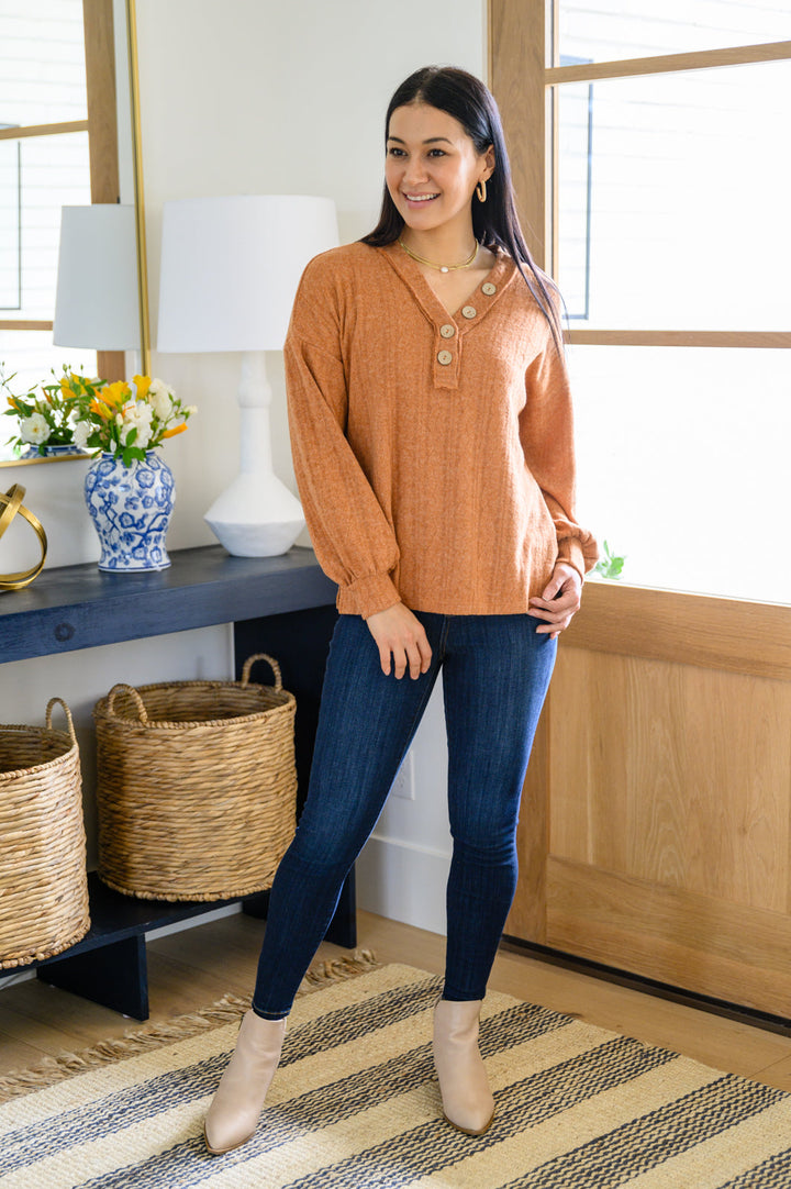 Speak Sweetly Textured Knit Top With Buttons In Rust