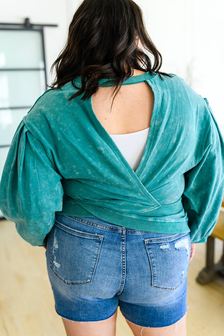 Tied Up In Cuteness Mineral Wash Sweater in Teal - AddiBray