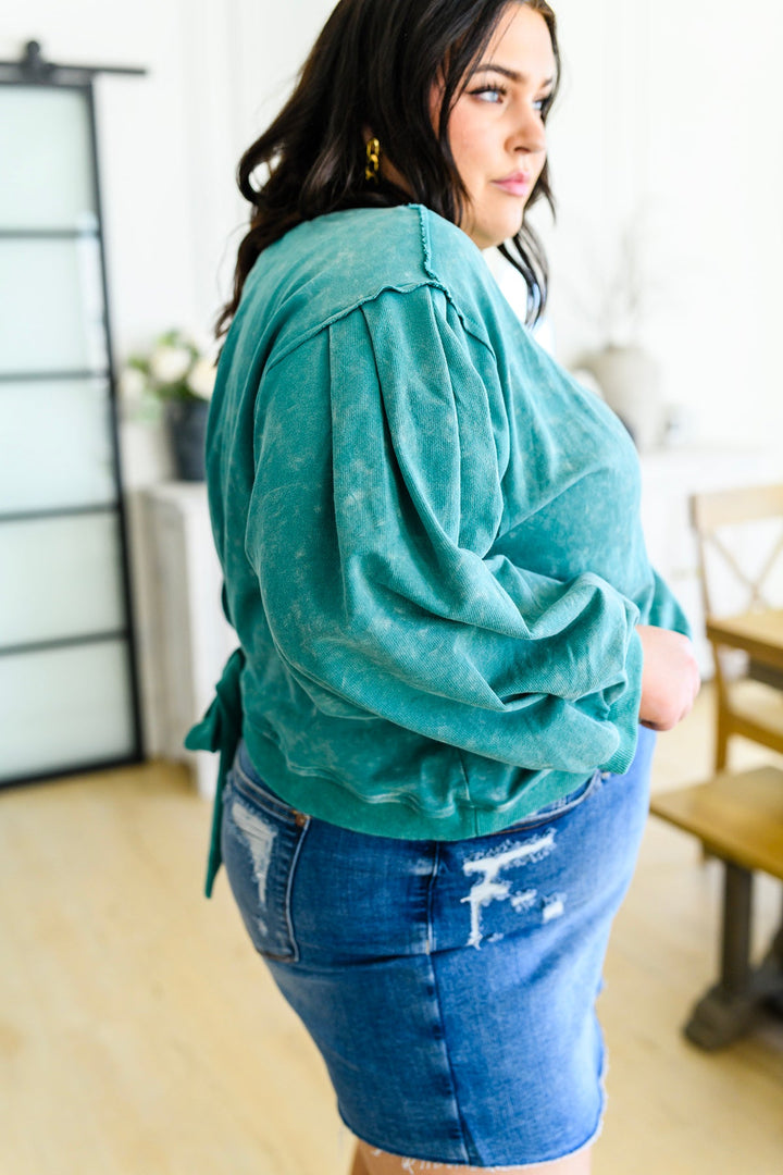 Tied Up In Cuteness Mineral Wash Sweater in Teal - AddiBray